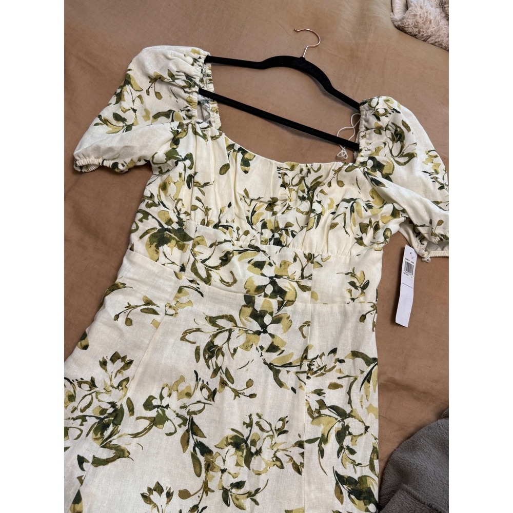 London Times Floral Linen Blend Puff Sleeve Smocked Back Mini Dress Ivory Green - Picture 4 of 8